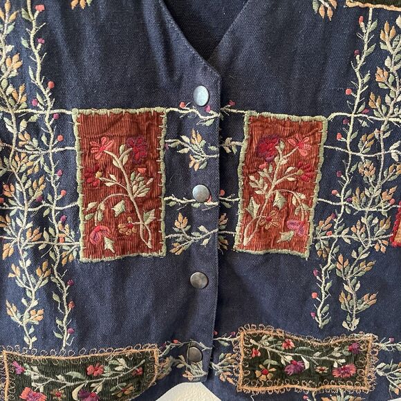 Vintage TanTrums Vest Women's L Floral Embroidered Patchwork Navy Cotton Cottage - Picture 7 of 12